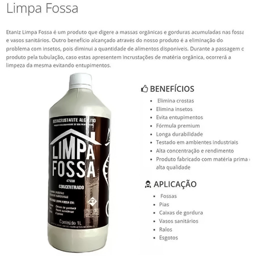Limpa Fossa Esgoto E Ralo Incolor 1 Litro Dissolve Massas Orgânicas Gorduras Profissional - ETANIZ Alta excelência Hiper