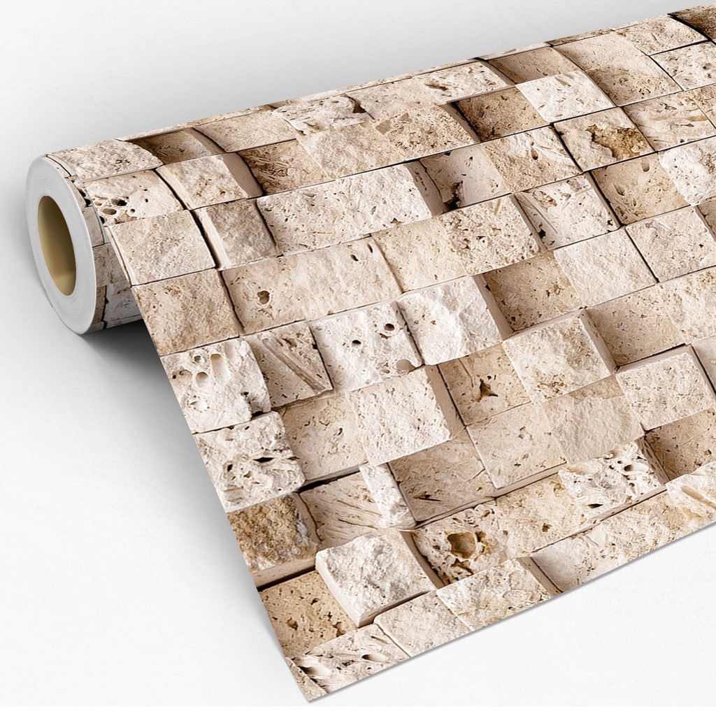 Adesivo Papel de Parede Pedras Canjiquinha 3D Blocos Bege Rolo de 3 Metros Lavável