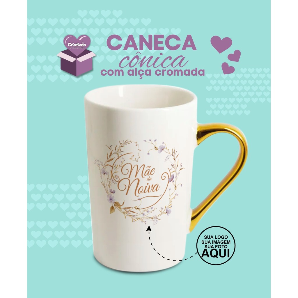 Caneca Cônica Branca de Porcelana Personalizada com Alça Cromada Dourada - 400ml