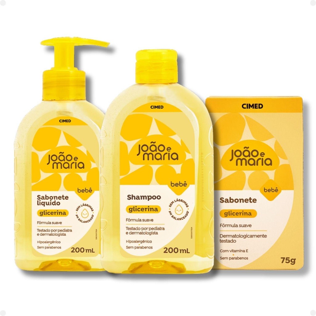 Kit João E Maria Cimed Glicerina: Sabonete Liquído 200ml, Shampoo 200ml E Sabonete em Barra 75g