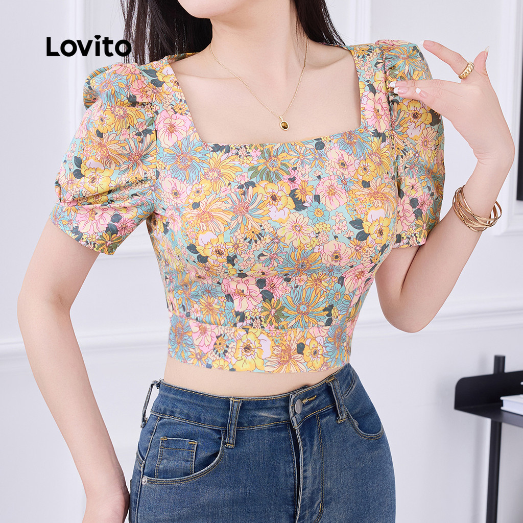 Detalhes do Lovito Blusa Boho Feminina Multicolorida Amarração Traseira Verão Primavera L134ED001