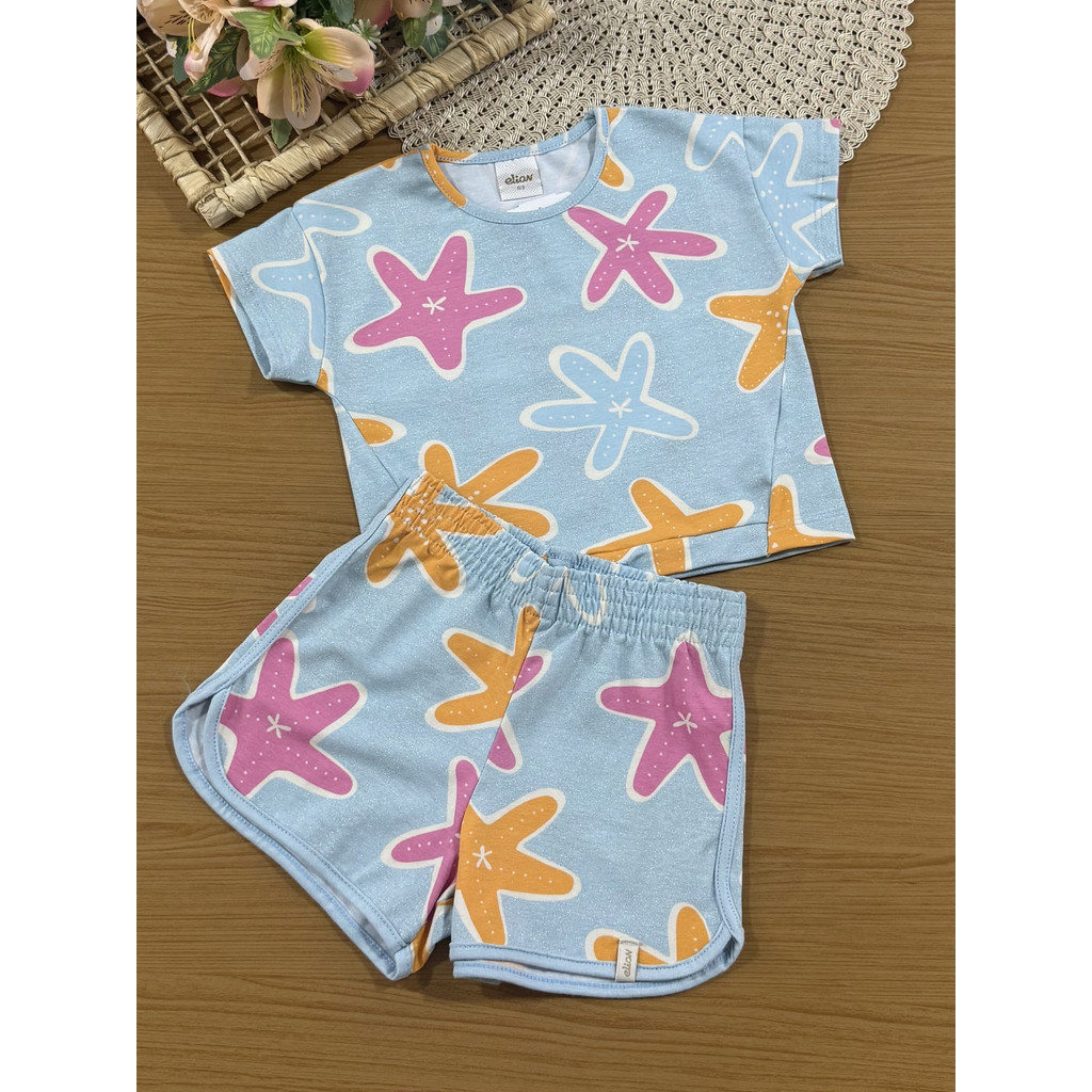 Conjunto Infantil Menina Elian com Shorts e Blusa Azul Fundo do Mar
