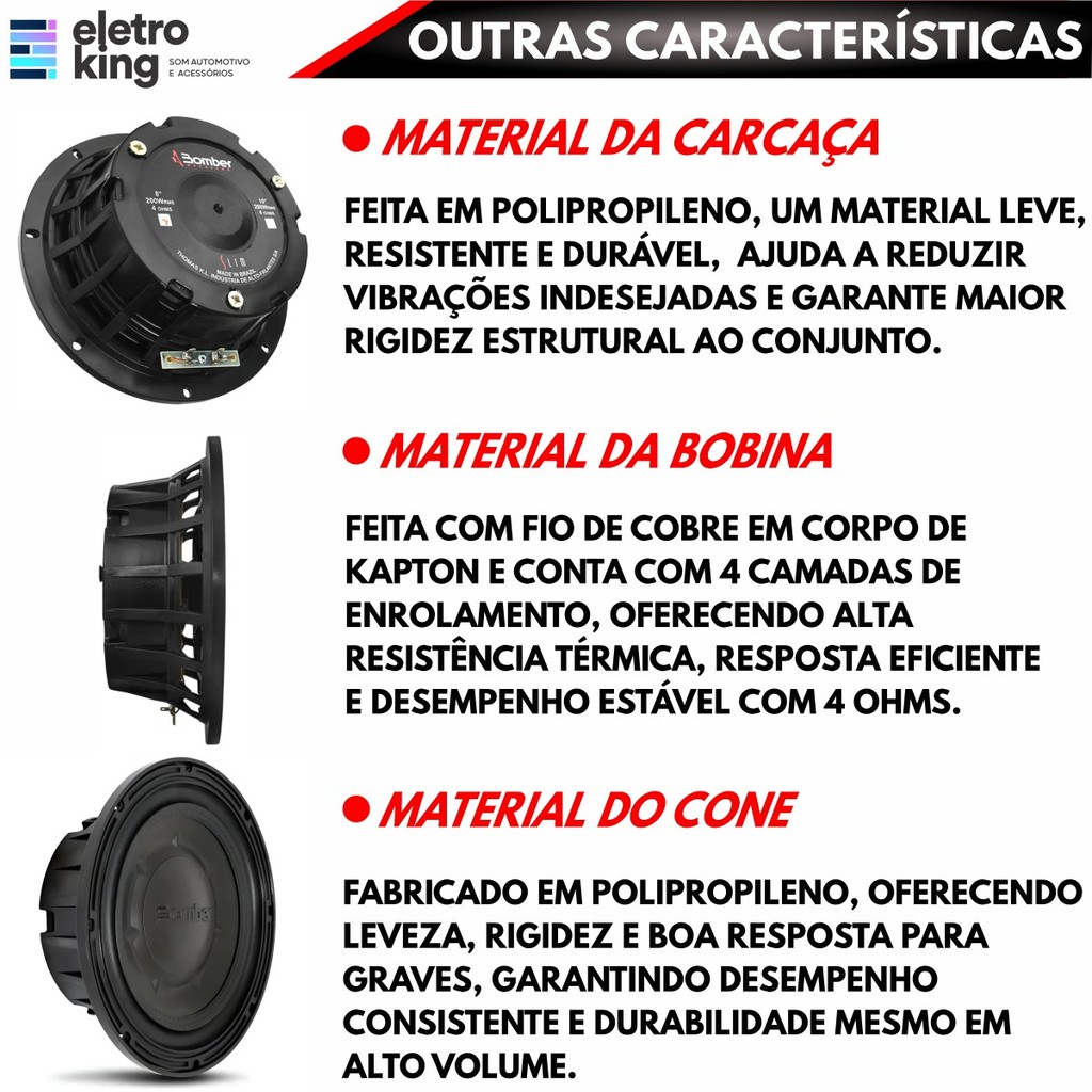 Detalhes do Subwoofer 8 polegadas Bomber Alto Falante Slim 200 Watts RMS 4 Ohms
