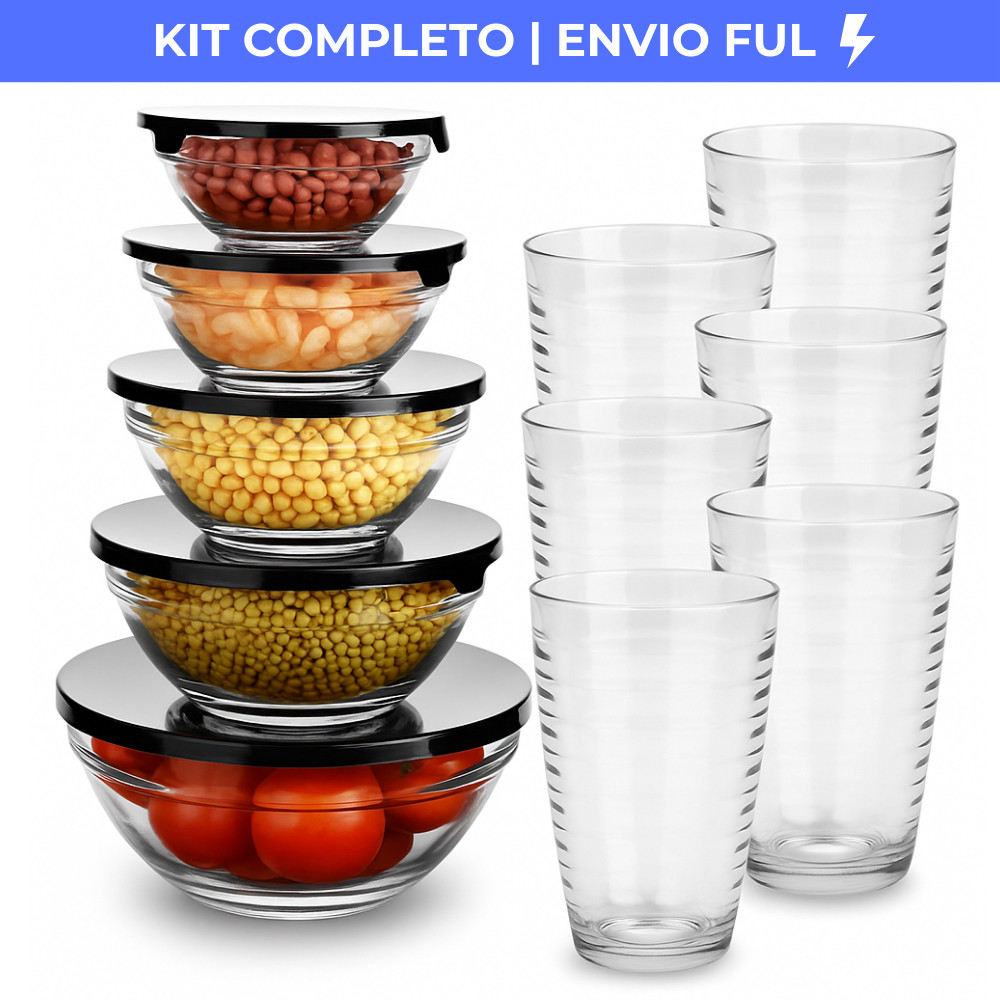Kit Conjunto De Potes 5 Peças Vidro e 6 Copos Arizona 200ml Transparente em Oferta na Shopee
