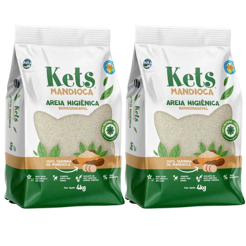 Kit  2un Areia Kets Biodegradável Para Gatos Extrato de Mandioca 4 kg
