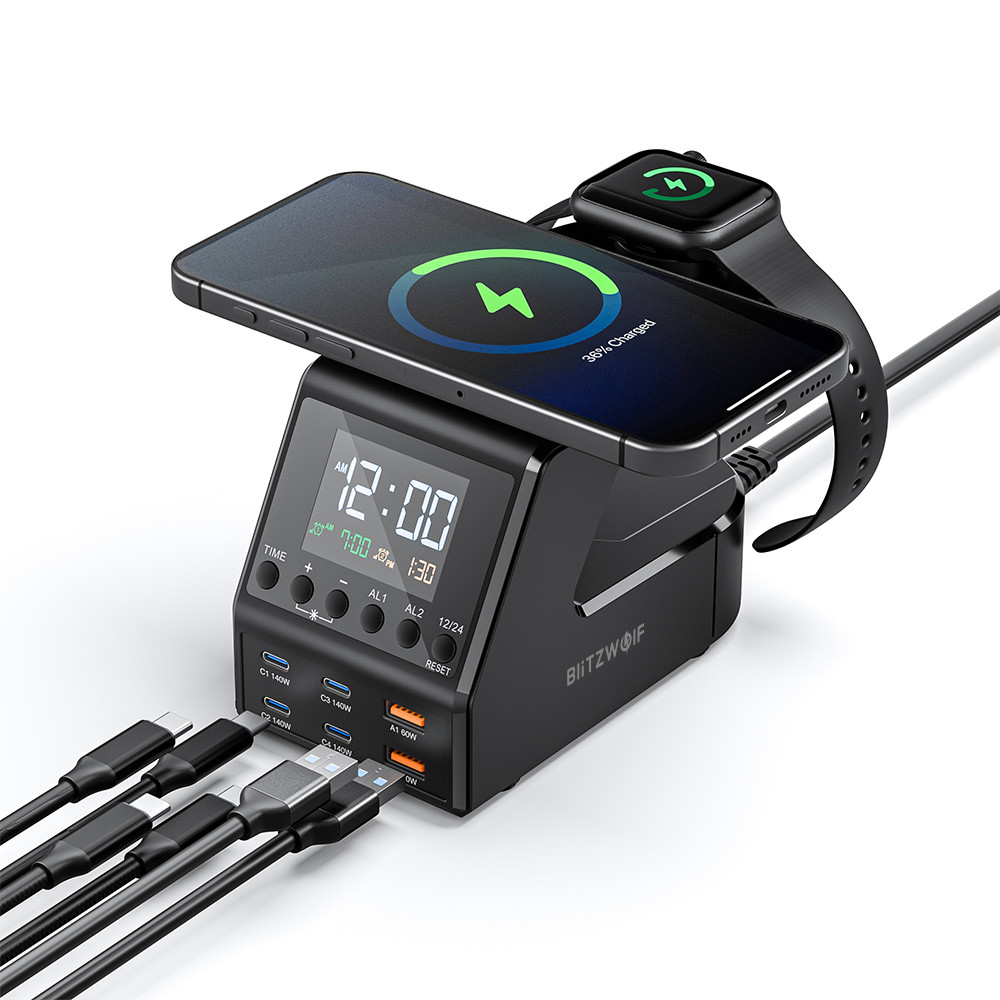 [GaN] Blitzwolf BW-FW10 240W Carregador De Despertador Sem Fio 10 Em 1 2USB-A + 4USB-C PD3.1/3.0 QC4.0/2.0 PPS AFC SCP F