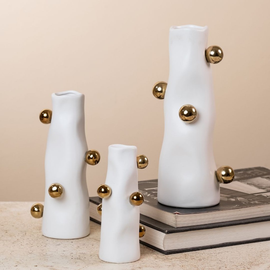 Cachepot de Porcelana Branco com Bolas Douradas – Vaso Ornamental Decorativo Moderno