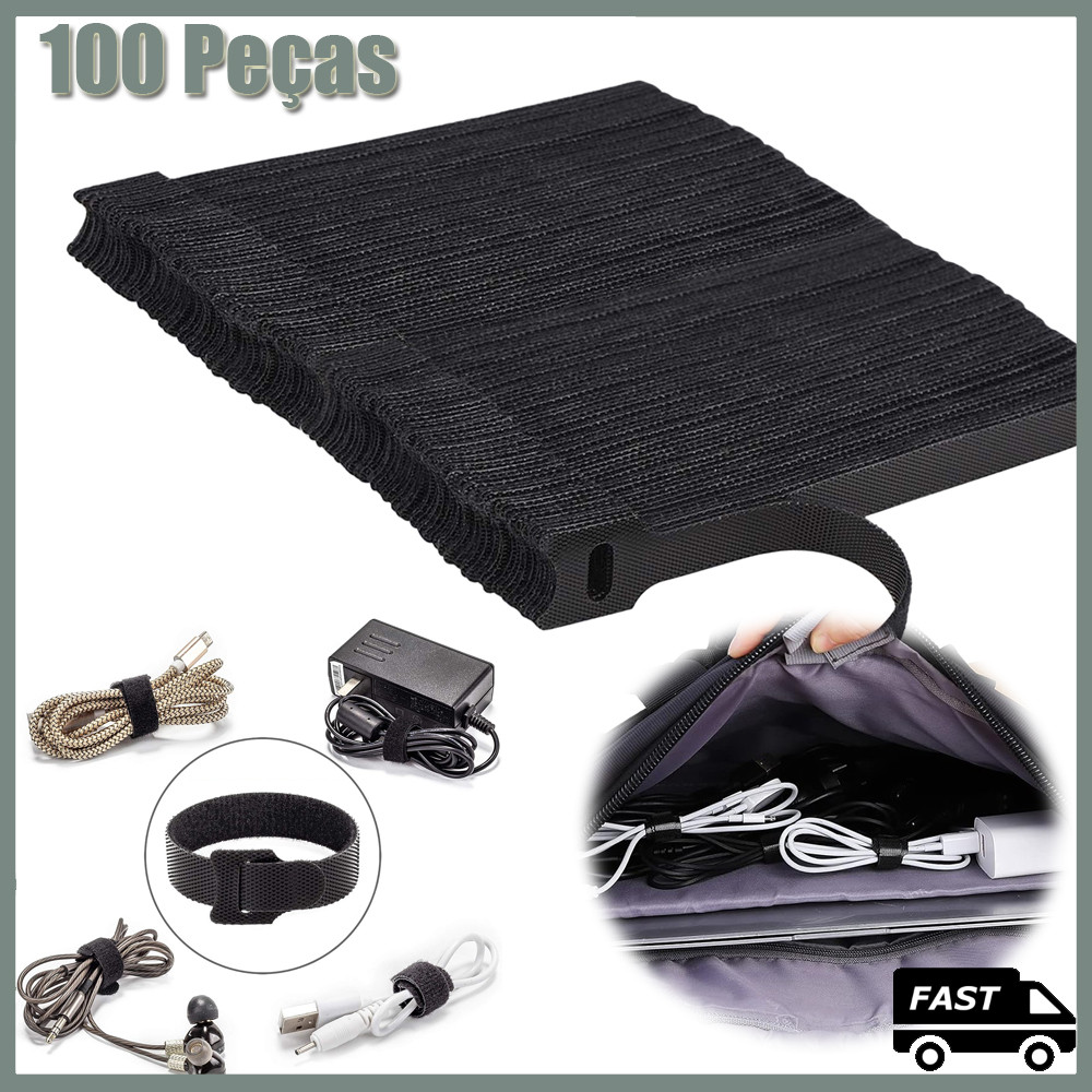 Kit 100 Peças Abraçadeiras Velcro Prendedor de Cabo Fita Organizar Cabos Fios Enrolar Presilha 15cm preta