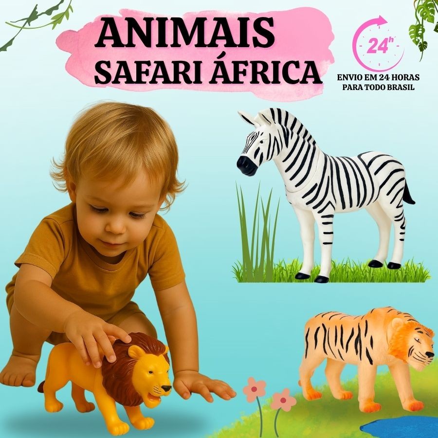 Brinquedos Animais Da Selva Zoo Safari Leão + Zebra + Tigre Bichos Grandes Em Vinil Macio