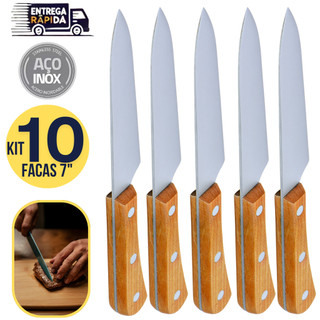 Kit 10 Facas Inox 7” para Carne, Legumes e Peixe com Cabo em Madeira