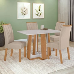 Conjunto Sala de Jantar Mesa Easy Pop 120x80 Tampo Vidro/MDF 4 Cad Confort Veludo Creme Amendoa/off