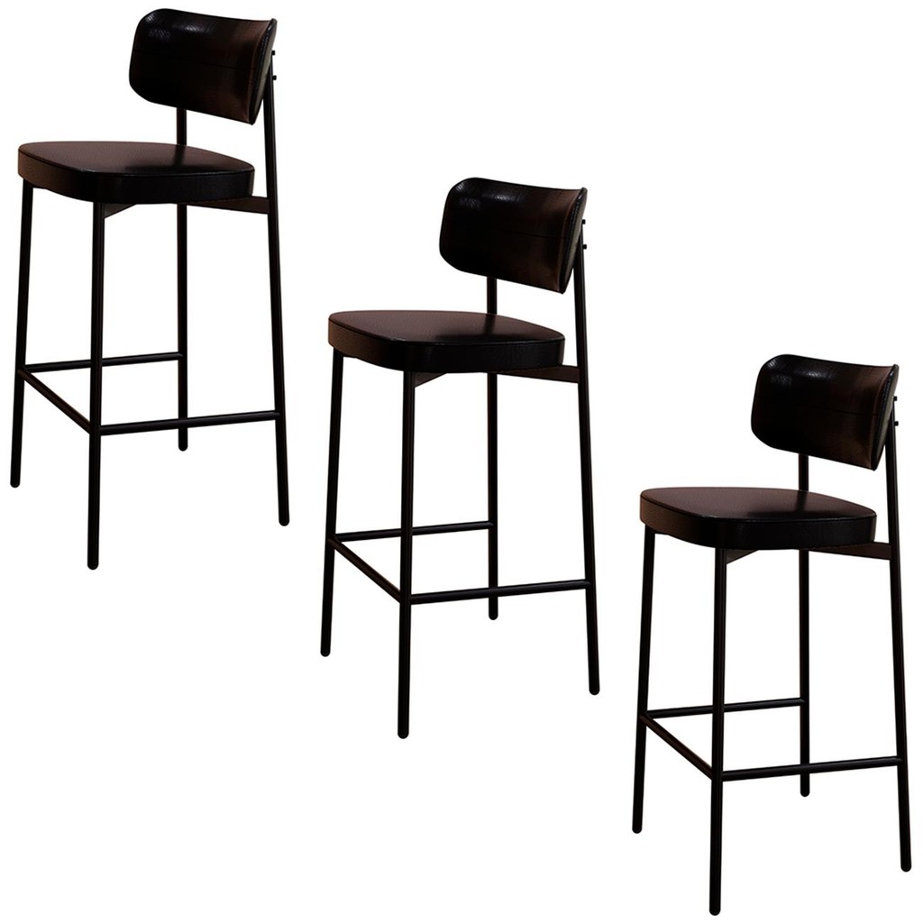 Banqueta Alta Bar Estofada Kit 3 Ella M25 Sintético Preto - Mpozenato