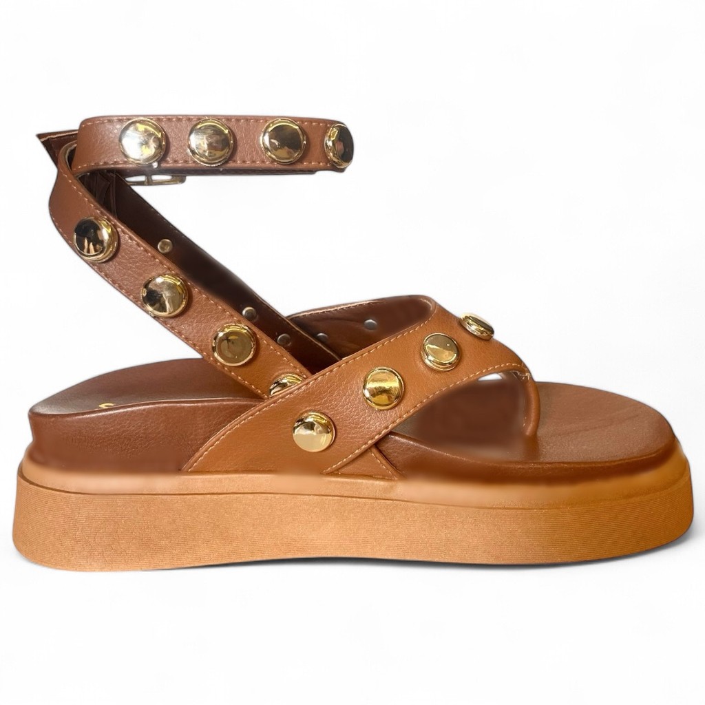 Sandália Papete Birken Sola Alta Flatform Asa- Delta Amarrar Aplicações Metal So Pretty Shoes Andréa Rebites Fashion
