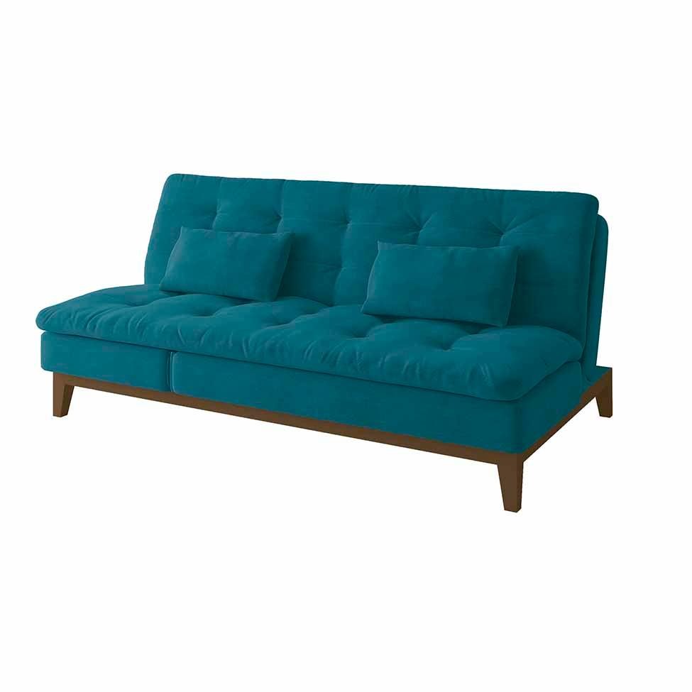 Sofá-Cama 3 Lugares Casal Amanda com Pés de Madeira Suede Azul em Oferta na Shopee