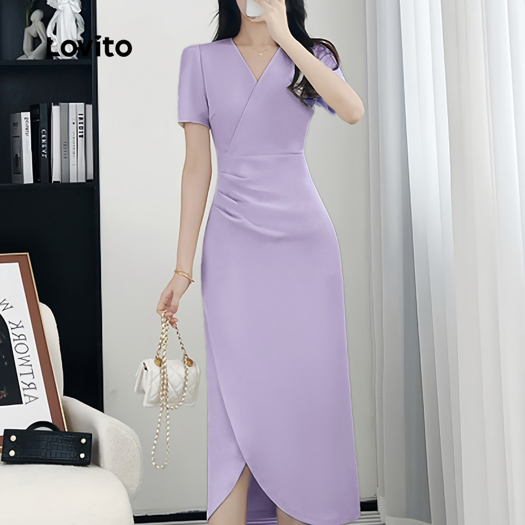 Detalhes do (Trendy3) Lovito Elegante Lisa Plissado Estrutura Deslocamento Linha Primavera/Verão Vestido Roxo L135A2D007