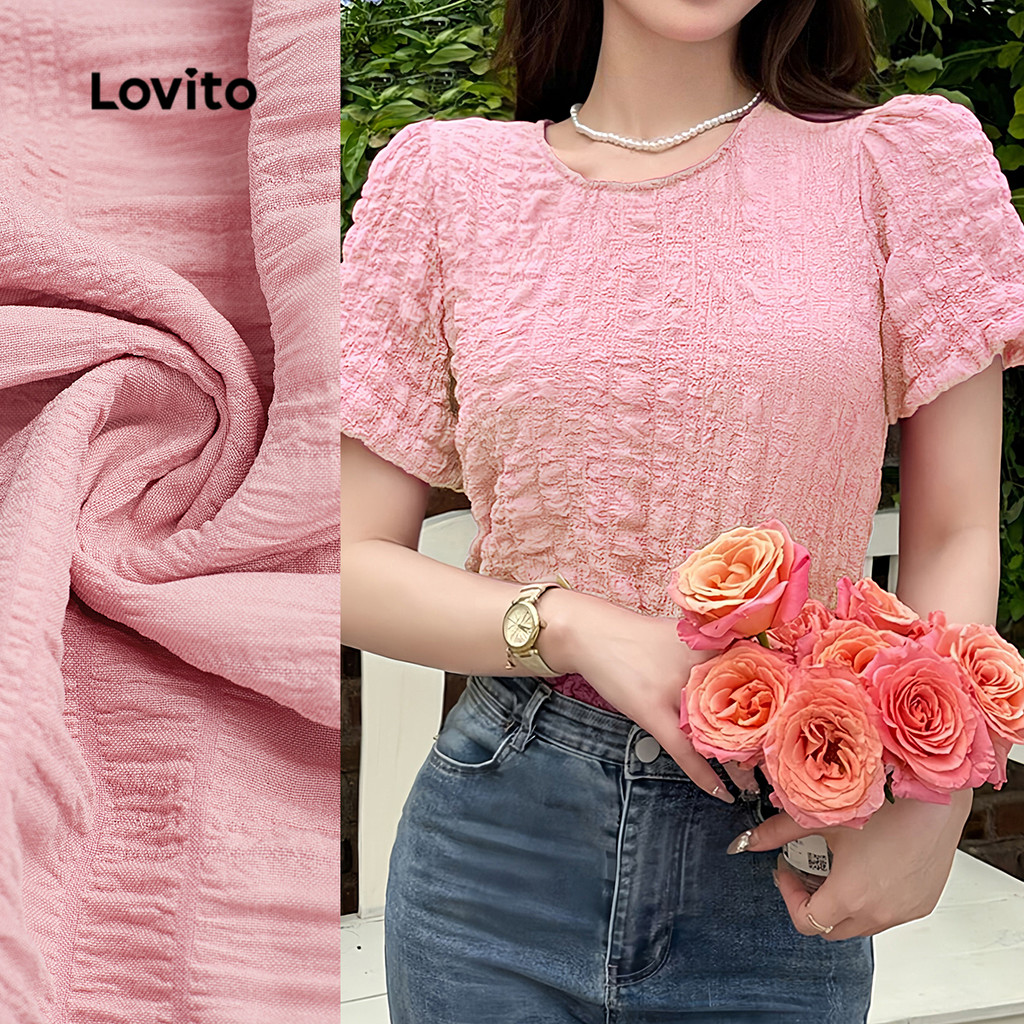 Lovito Blusa Boho Lisa Plissada Primavera/Verão Rosa Para Mulheres L134ED948 - Women Clothes