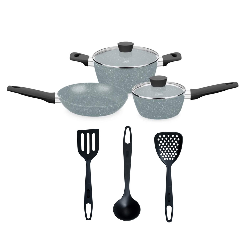 Jogo de Panelas Carmela Ceramic Flon Cinza Espátula Escumadeira Concha Nylon - MTA