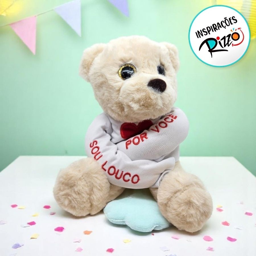Urso De Pelúcia " Sou Louco Por Você " -  Bege - 19cm - 1 unidade - Rizzo em Oferta na Shopee
