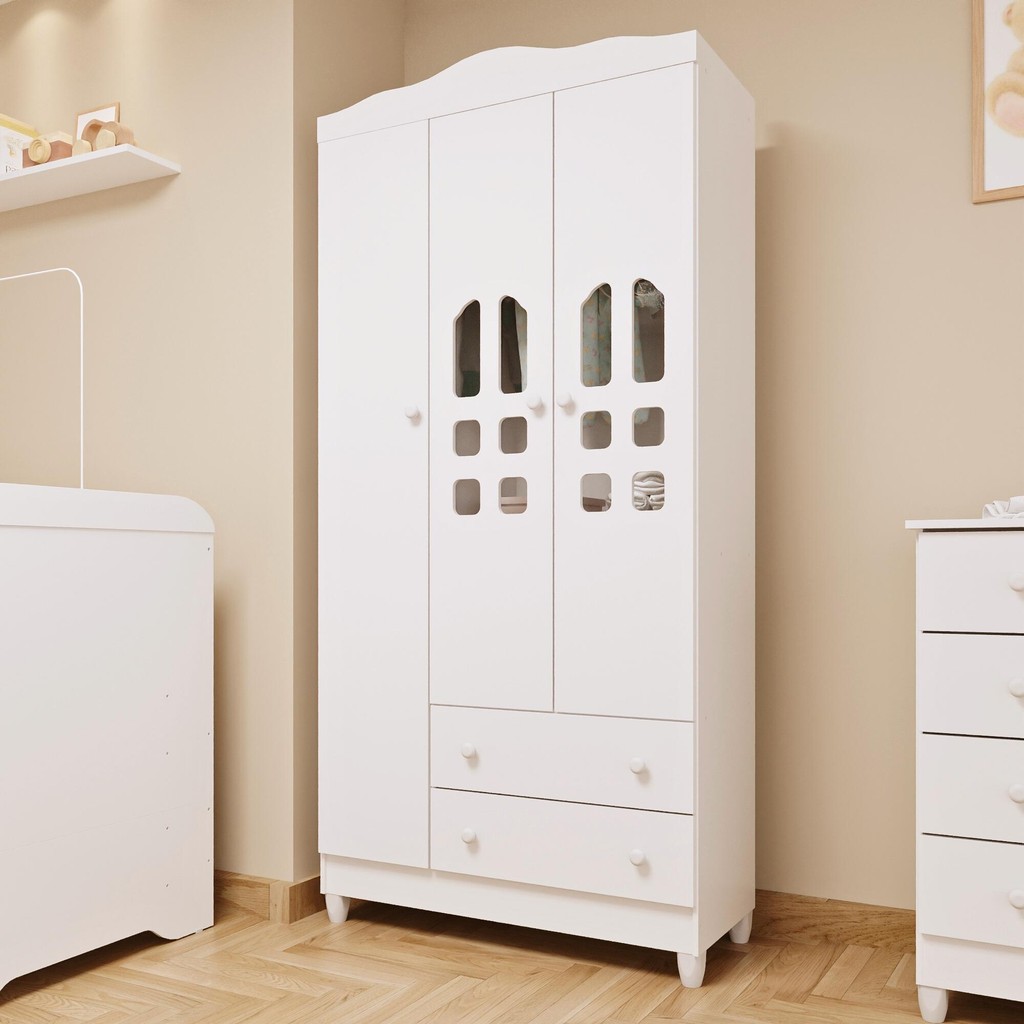 Guarda Roupa Infantil 3 Portas com Gavetas Mirelle Branco 100% MDF Carolina Baby em Oferta na Shopee