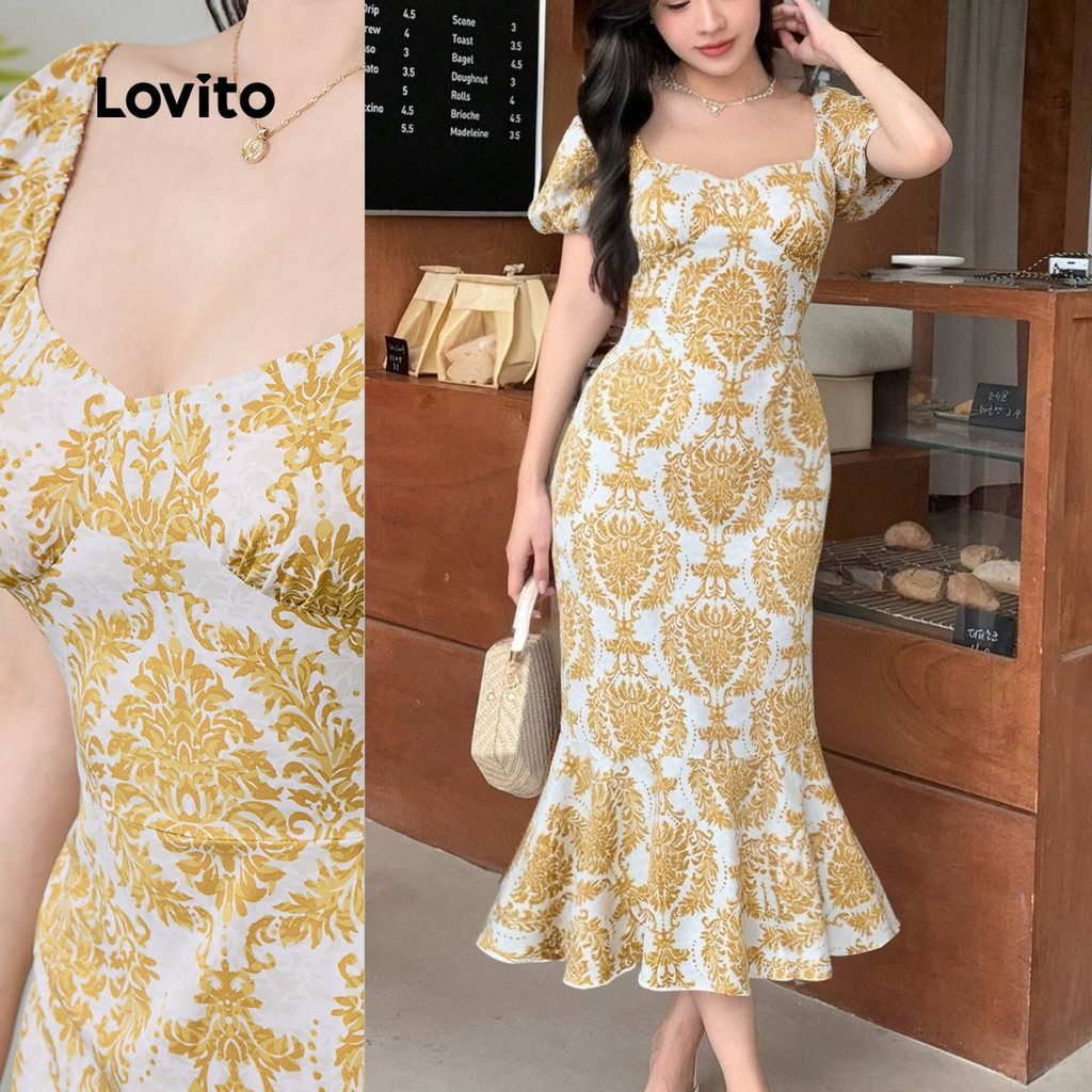 Lovito Elegante Vestido Amarelo Com Estampa Tribal E Bainha Com Babados E Linha Primavera/Verão Para Mulheres L134LD210 em Oferta na Shopee