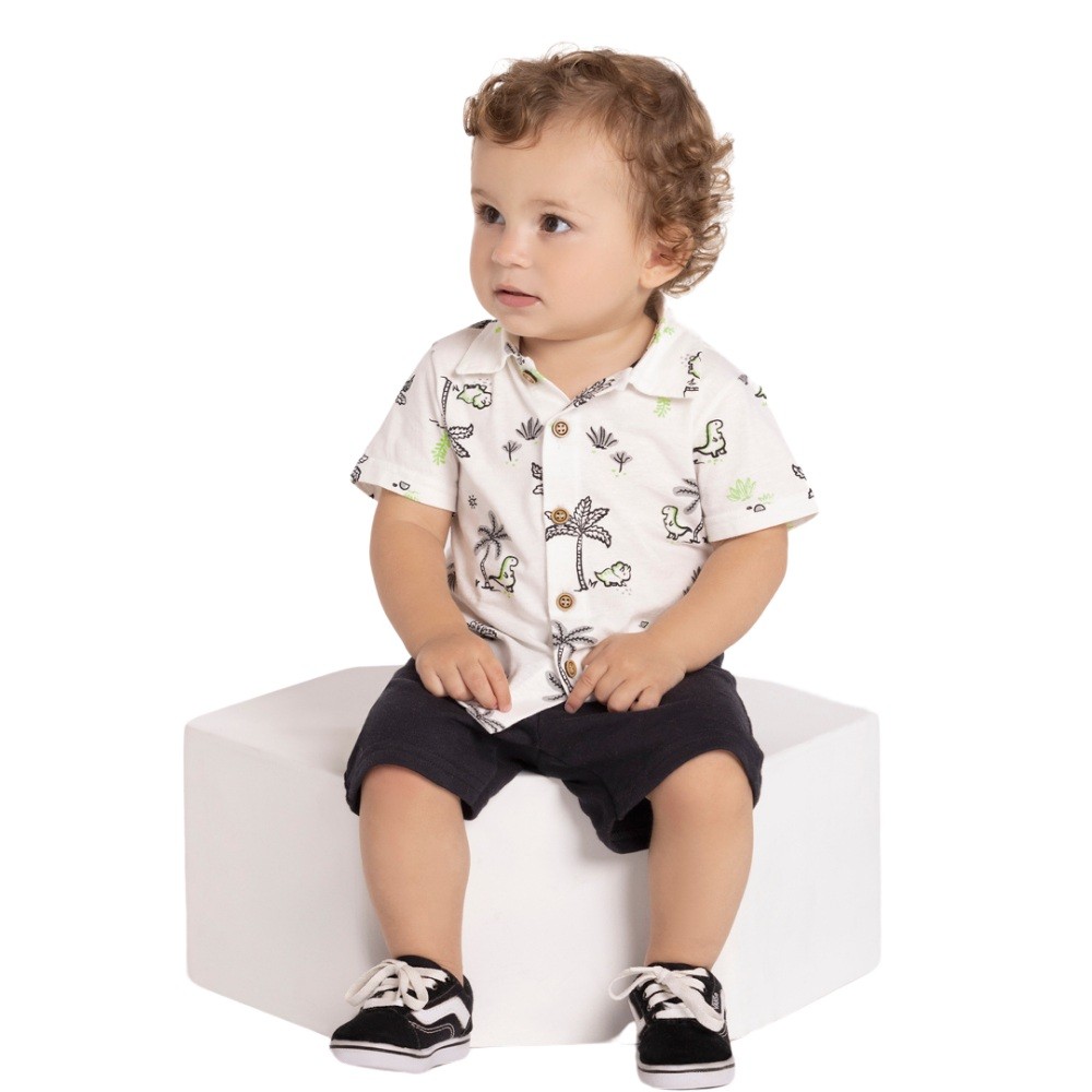 Conjunto Menino Alakazoo Camisa Algodão com Estampa de Dinossauro Branco e Botões e Bermuda em Moletom Preto