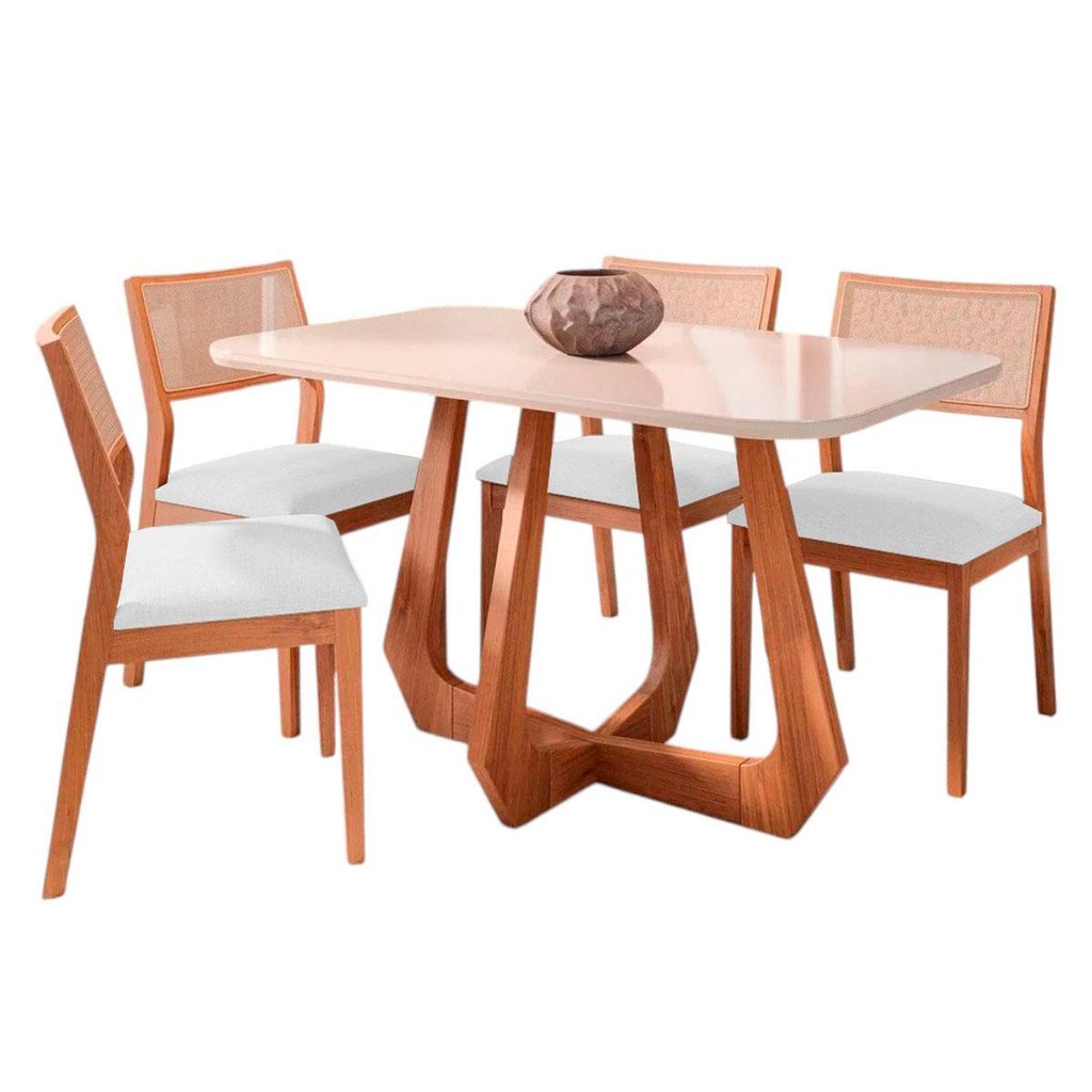 Mesa de Jantar com 4 Cadeiras Oiti Conjunto Bromelia 1,30 Madeira/Off White/Linho Cru