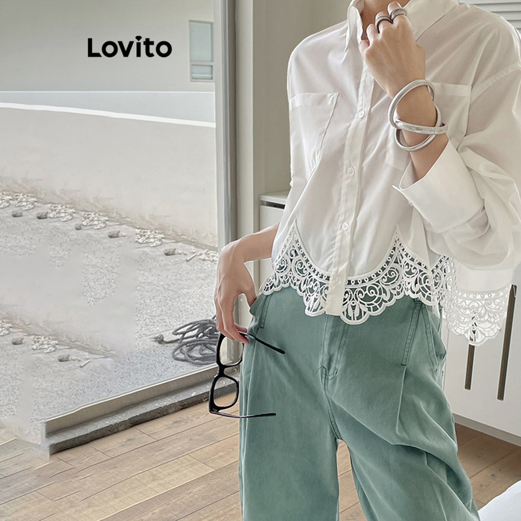 Detalhes do (Trendy) Lovito Blusa Casual Blusa De Renda Lisa Para Mulheres LNE21040 (Branco)