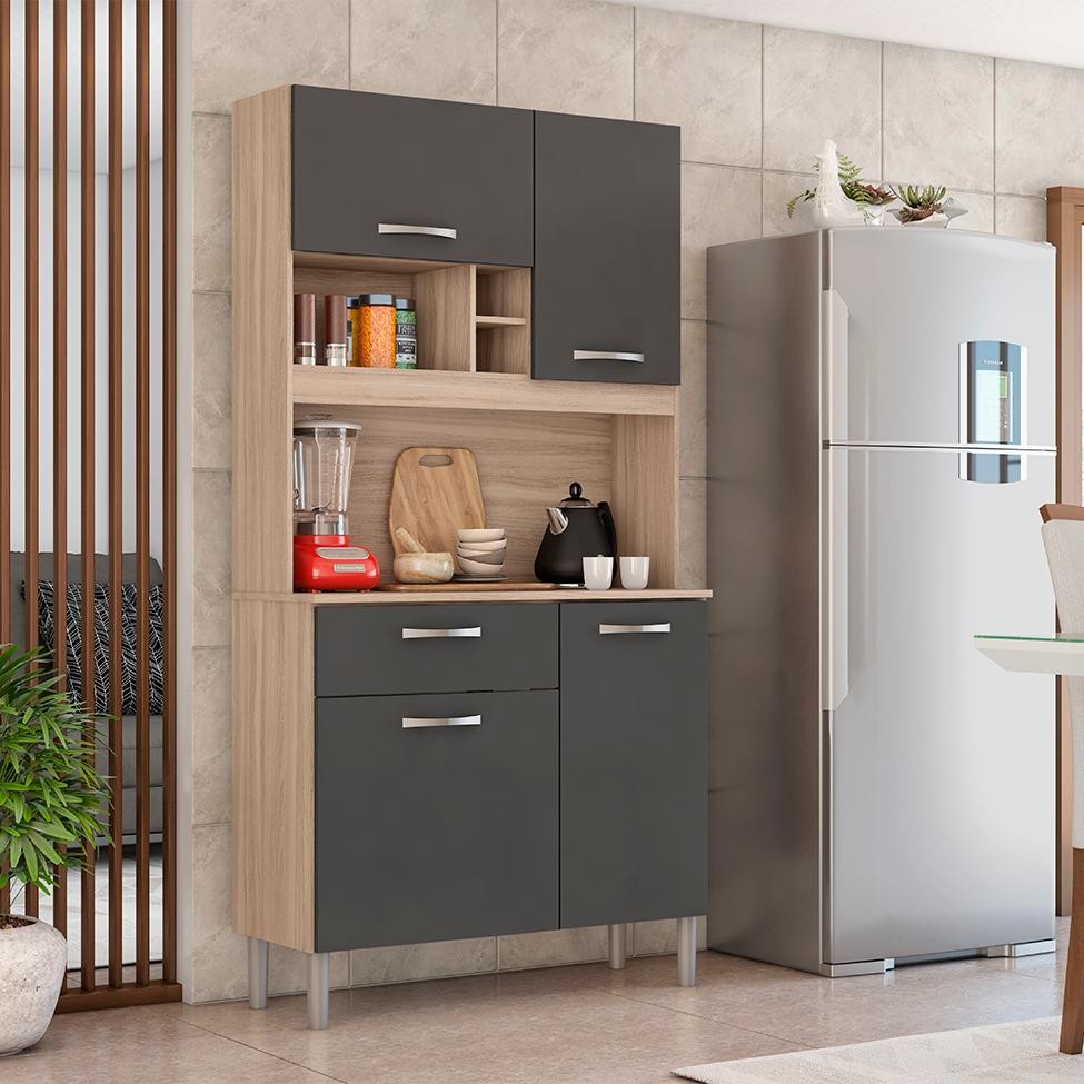 Kit de Cozinha Malta 4 Portas 1 Gaveta Avena e Grafito em Oferta na Shopee