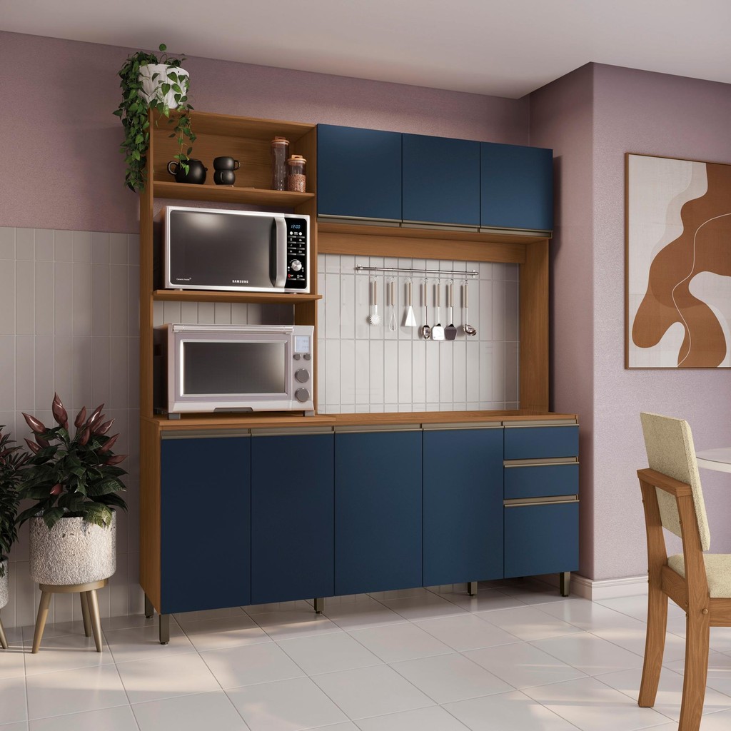 Cozinha Compacta Luna sem Tampo e Pia Kappesberg 3 Peças Canela/Azul Profundo em Oferta na Shopee