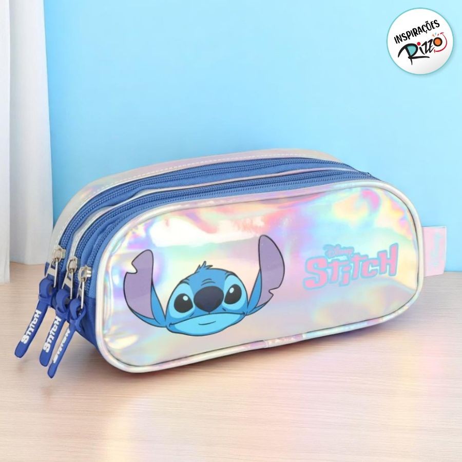 Estojo 3 Divisórias Holográfico - Stitch - 23x9cm - 1 unidade - Disney Original - Rizzo em Oferta na Shopee
