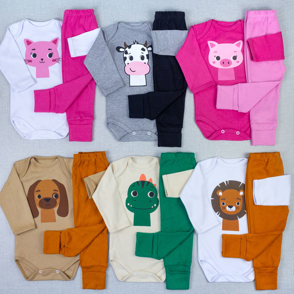 Conjunto Bebê Body e Calça Bichinhos Carinhosos Algodão