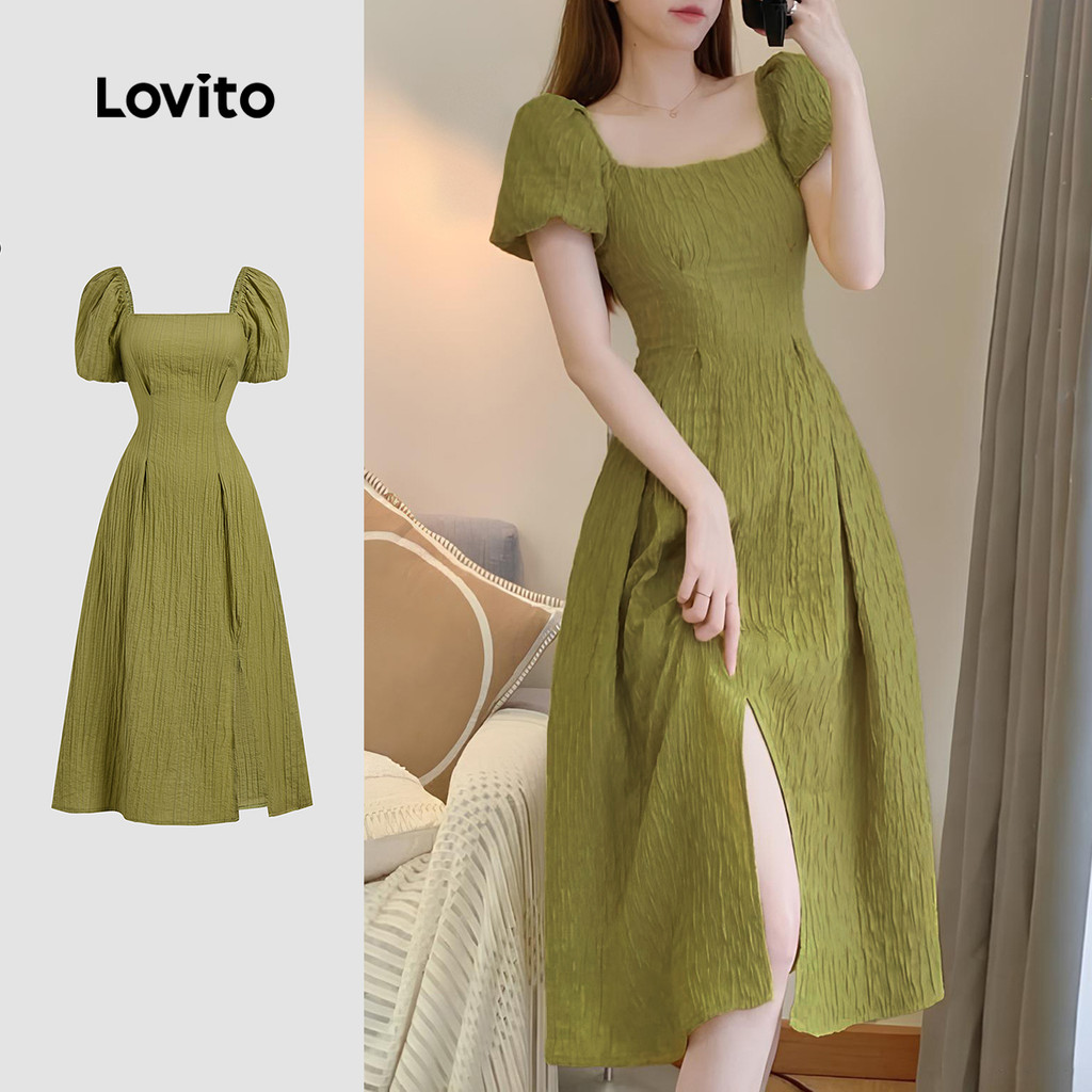 Lovito Vestido Casual Liso Jacquard Dividido Na Frente Verão Primavera Mostarda Amarelo Para Mulheres LBL25242