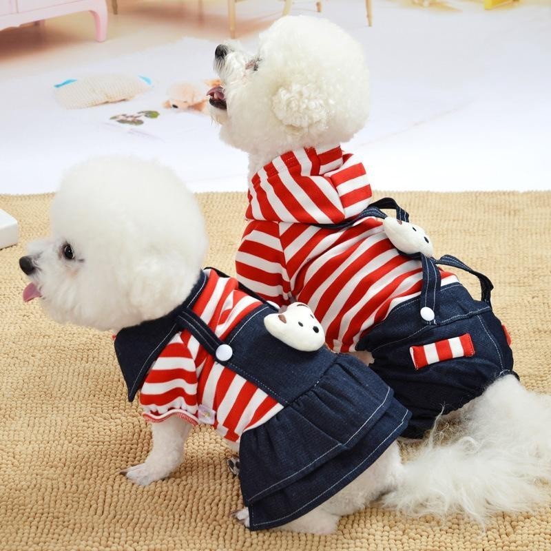 Roupa para Cães: Saia Jeans Listrada com Alças e Urso Fofo, Vestuário de Primavera e Verão para Gatos e Cães de Estimaçã