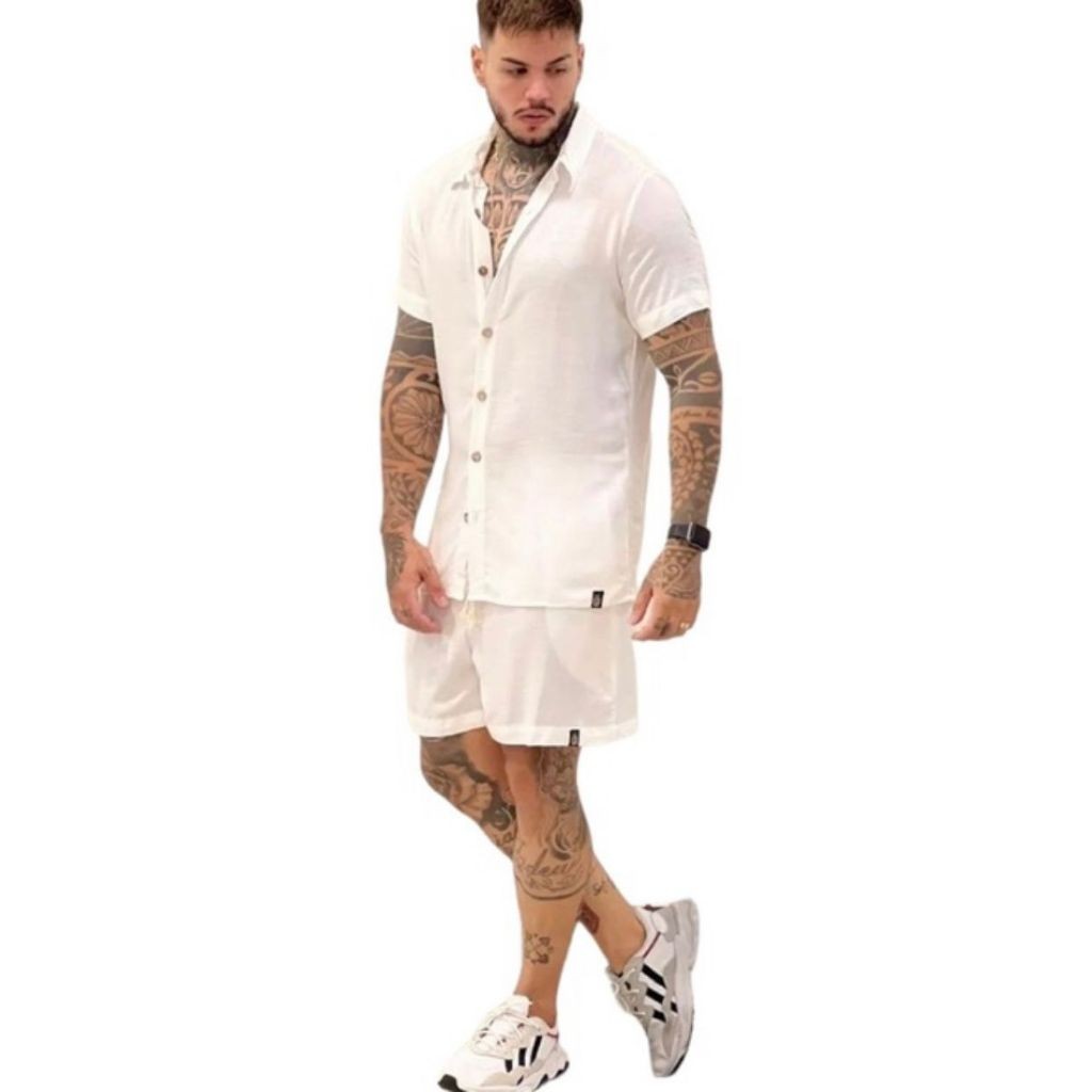 Aibes Camisa Conjuntos lisa masculina slim fite Manga curta férias na praia viscolinho