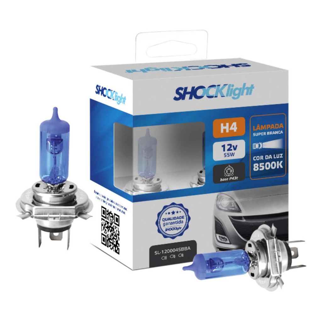 Lâmpada Halógena Super Branca H4 12V 60/55W Shocklight Luz Automotiva Veicular Iluminação Carro