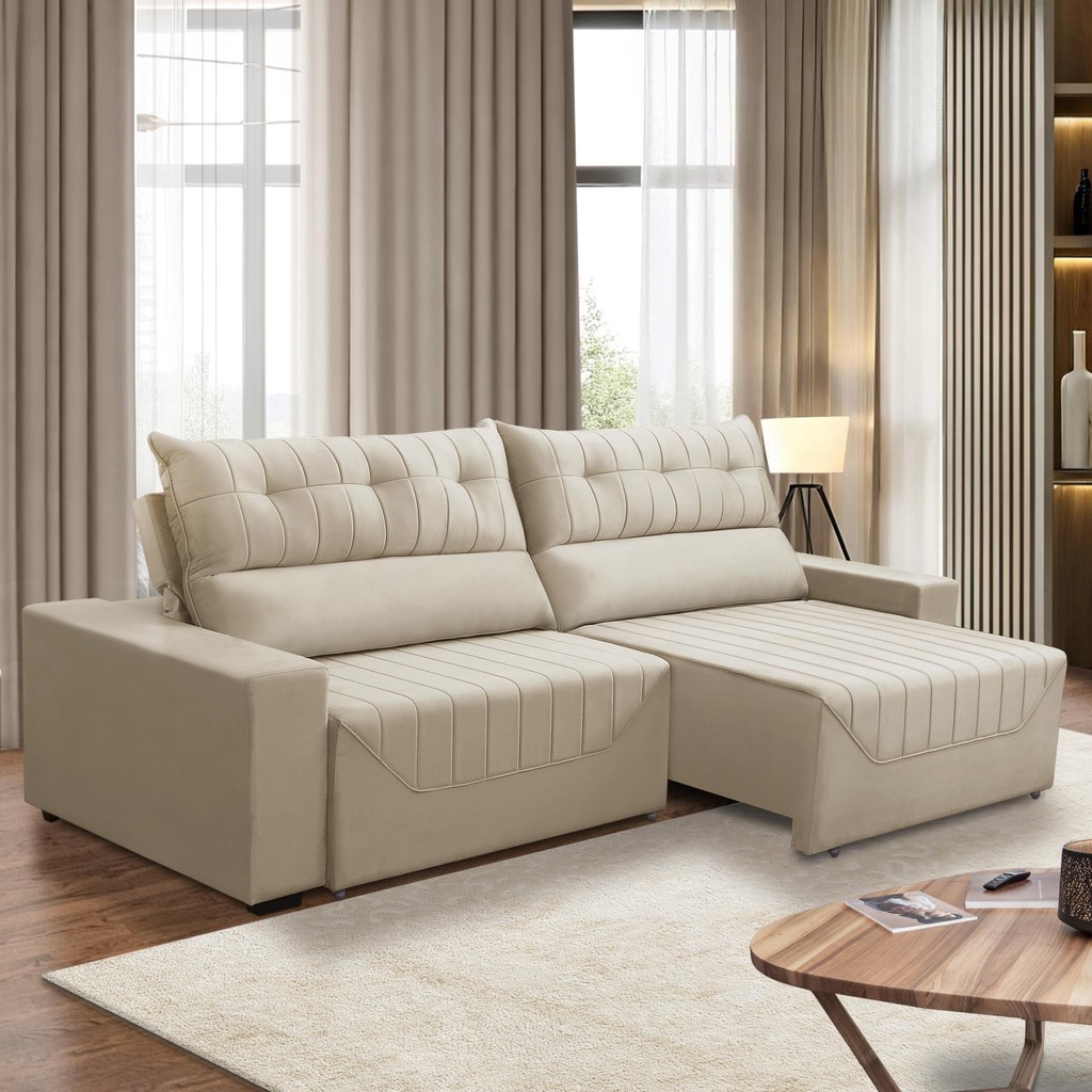 Sofá Retrátil e Reclinável 5 Lugares 3,00m Antonella Veludo Bege Adonai Estofados
