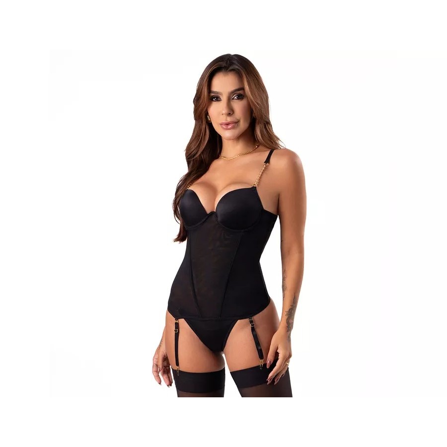 Conjunto Corpete Preto com Calcinha Fio e Meias Duzani 29101
