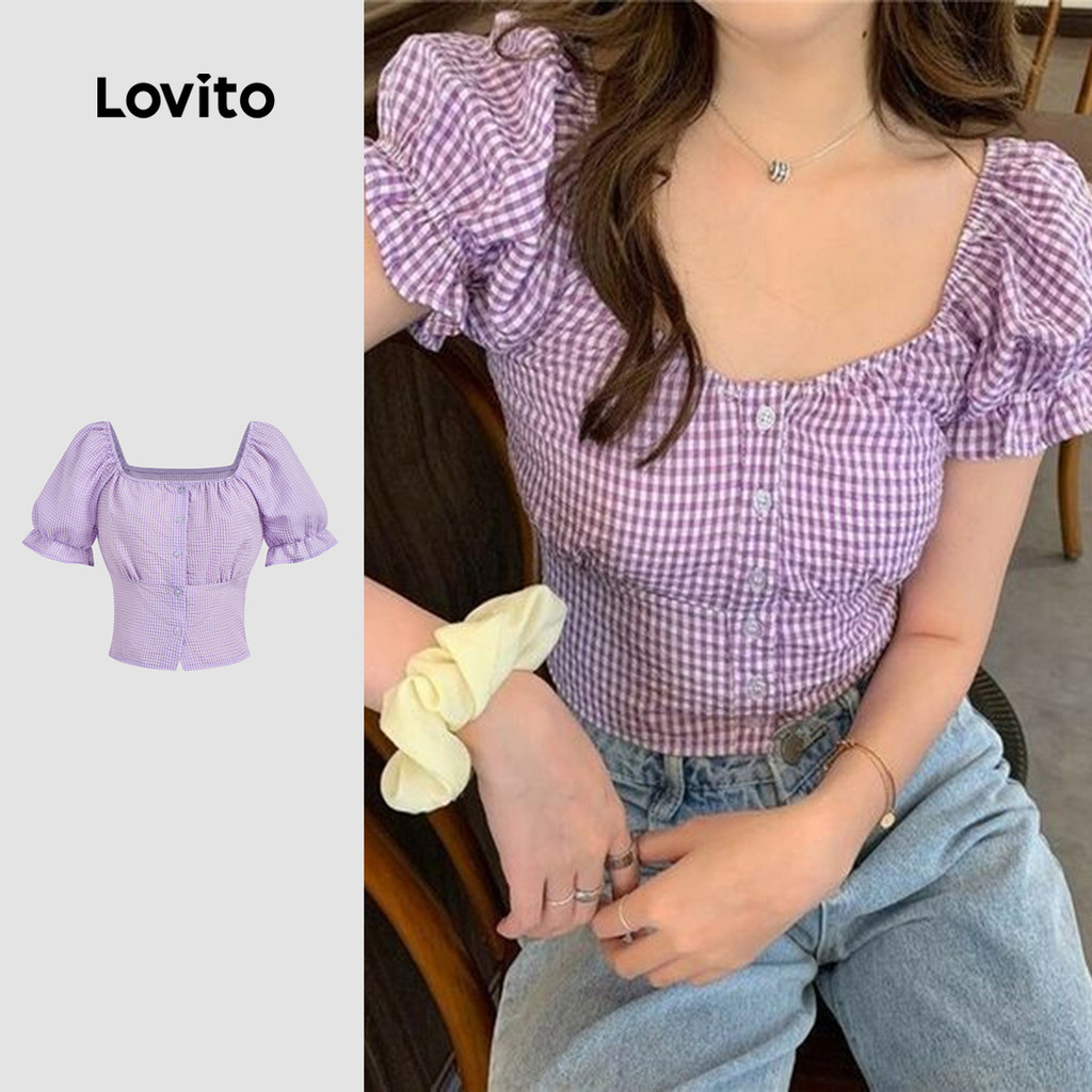 Blusa Elegante Com Babados E Botão Verão Primavera Blusa Roxa Clara Para Mulheres L135ED076
