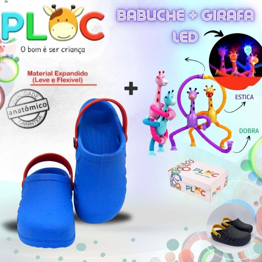 Kit Divertido Ploc - Babuche Azul + Girafa Ploc LED Estica e Puxa MENINO