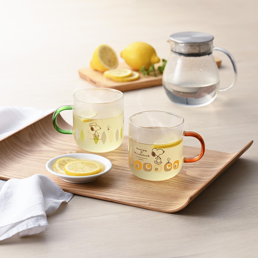 "PEANUTS Snoopy & Woodstock Heat-Resistant Glass Mug - 400ml, Microwave Safe, Colorful Handle, Made in Japan"
