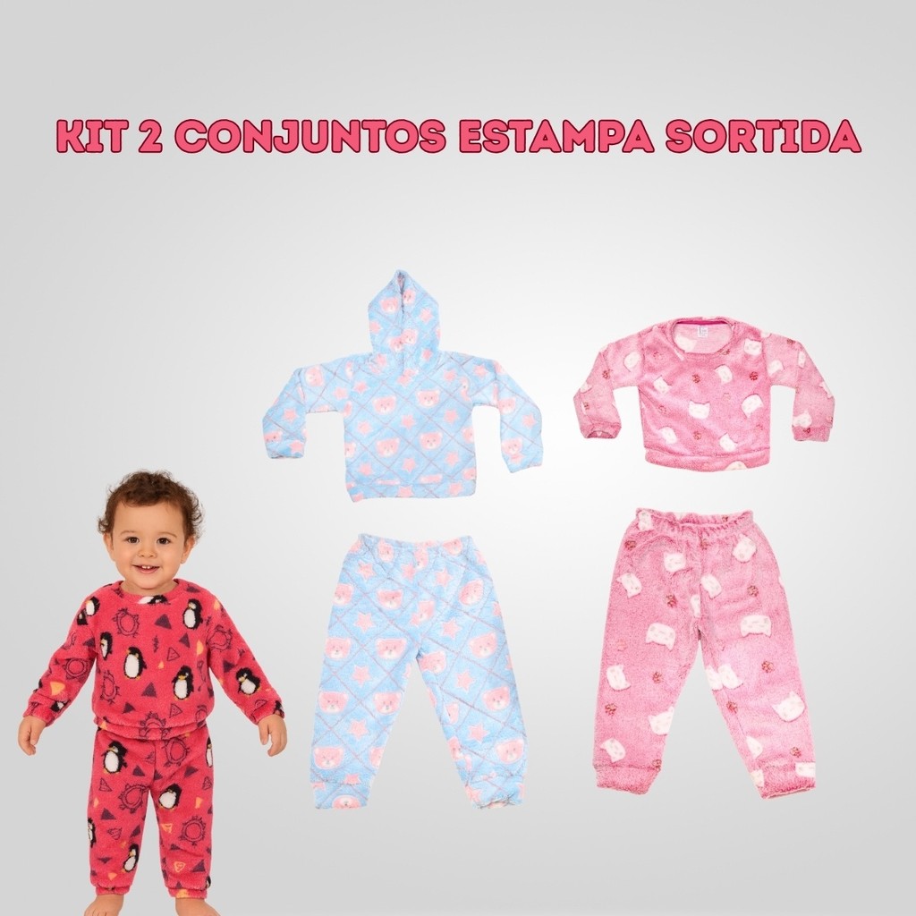 Kit 2 Conjuntos Pijamas Menina Blusa Manga Calça 1 C/ Capuz