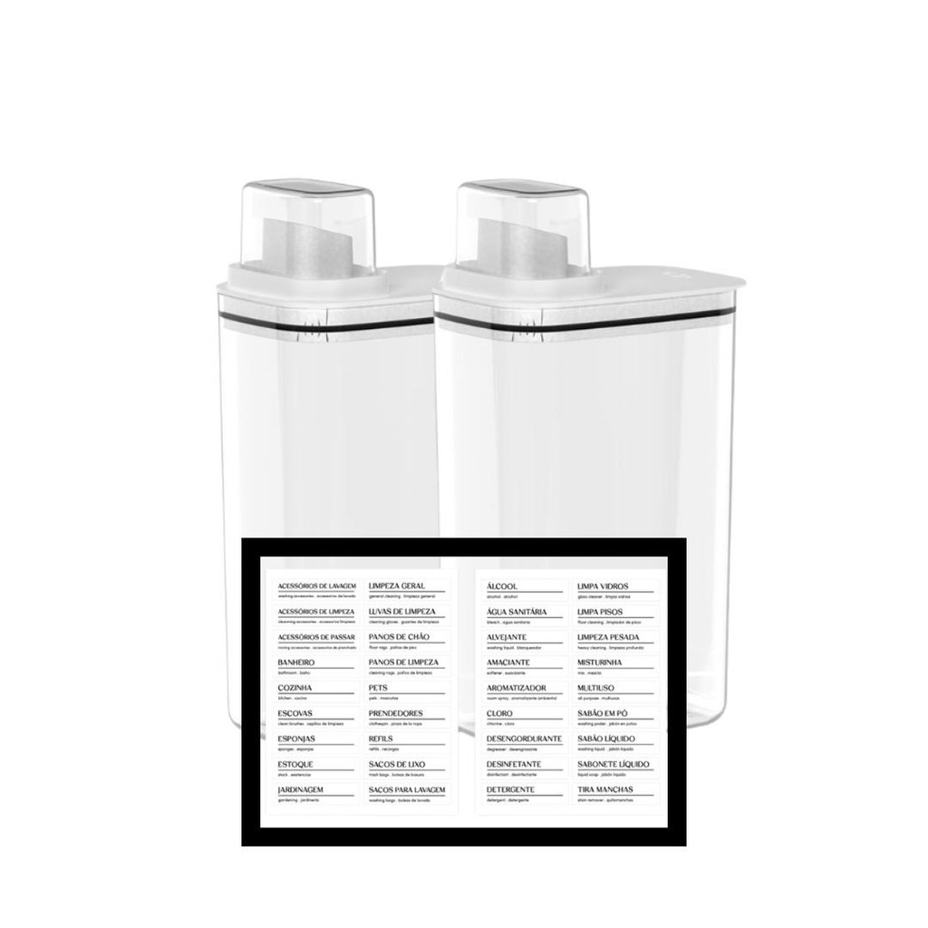Kit 2 dispenser Sabão em pó e amaciantes + 1 cartela de etiquetas lavanderia - Branco em Oferta na Shopee