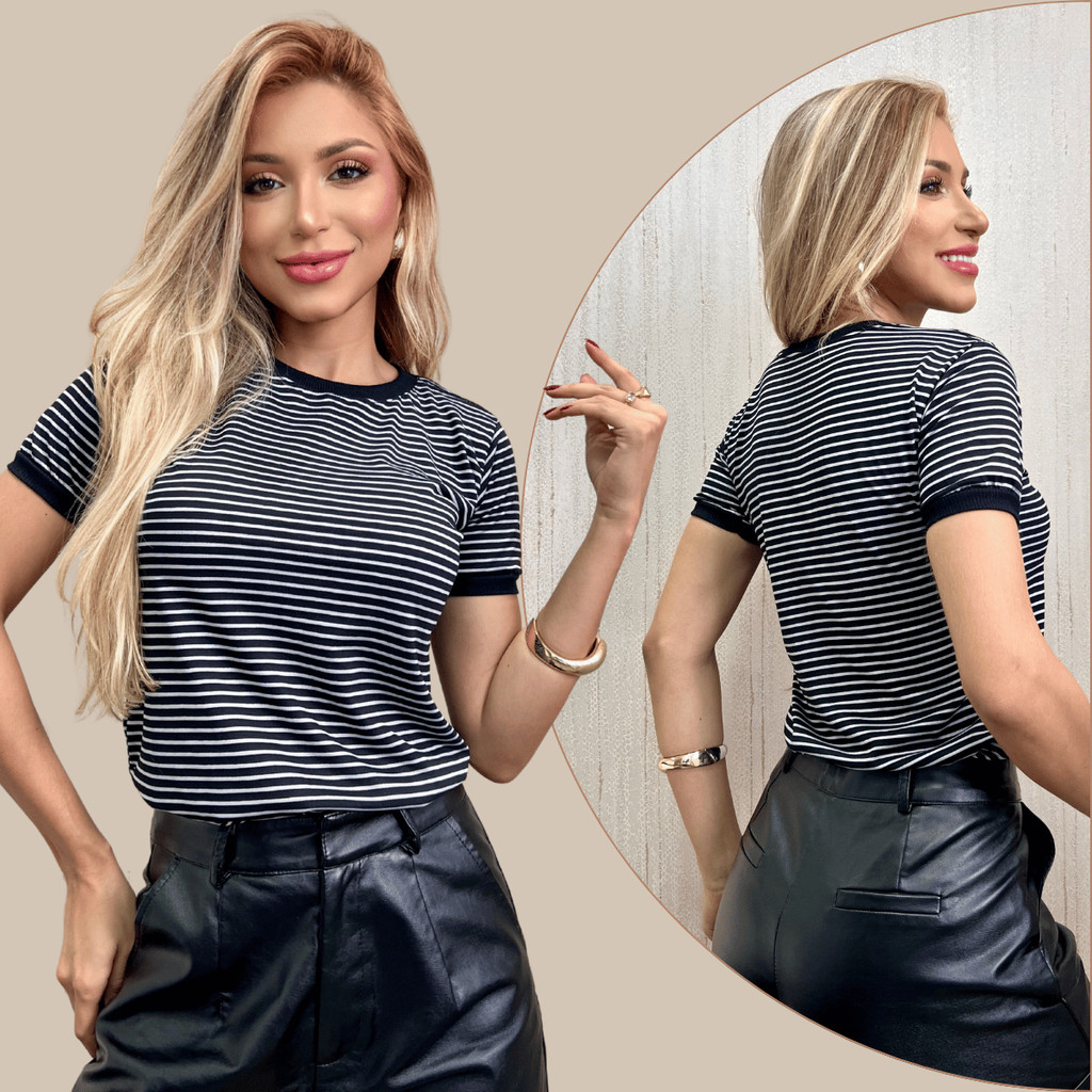 Blusa Camiseta Listrada Manga Curta P ao GG T-shirt Casual Gola Ribana Babylook Moda Verão Oferta