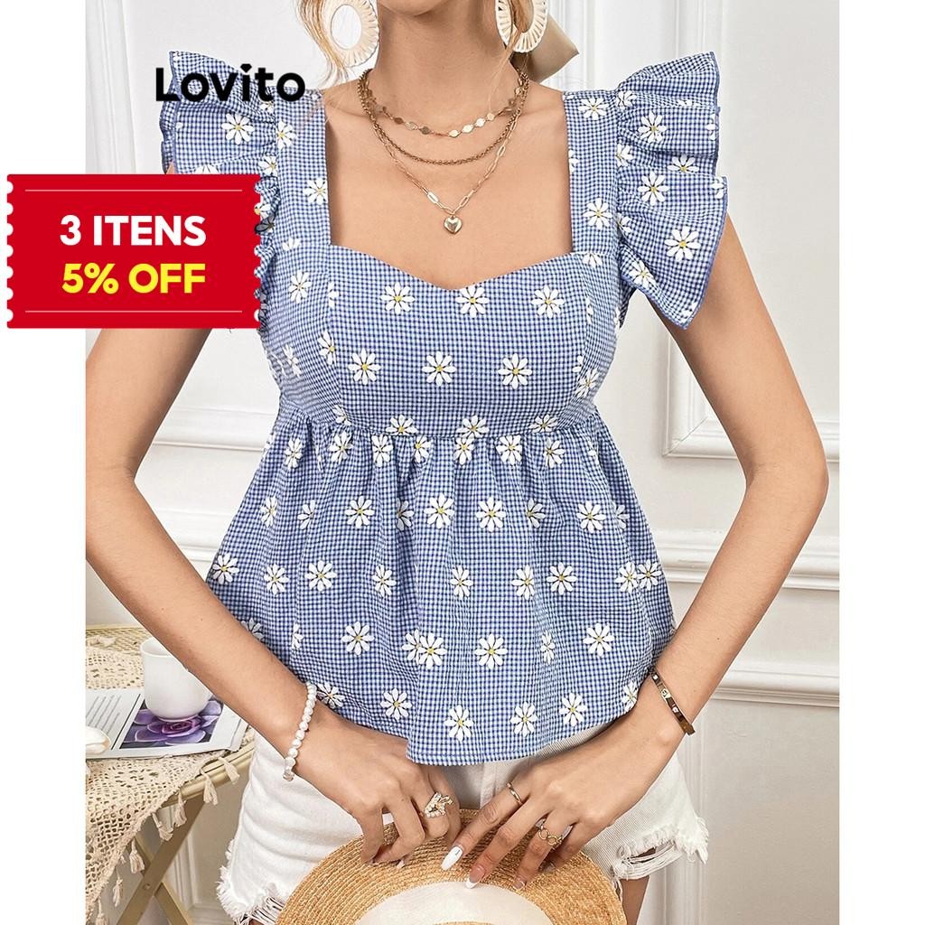 (Trendy) Lovito Blusa drapeada casual floral com acabamento em alface para mulheres LBA82230 - Women Clothes