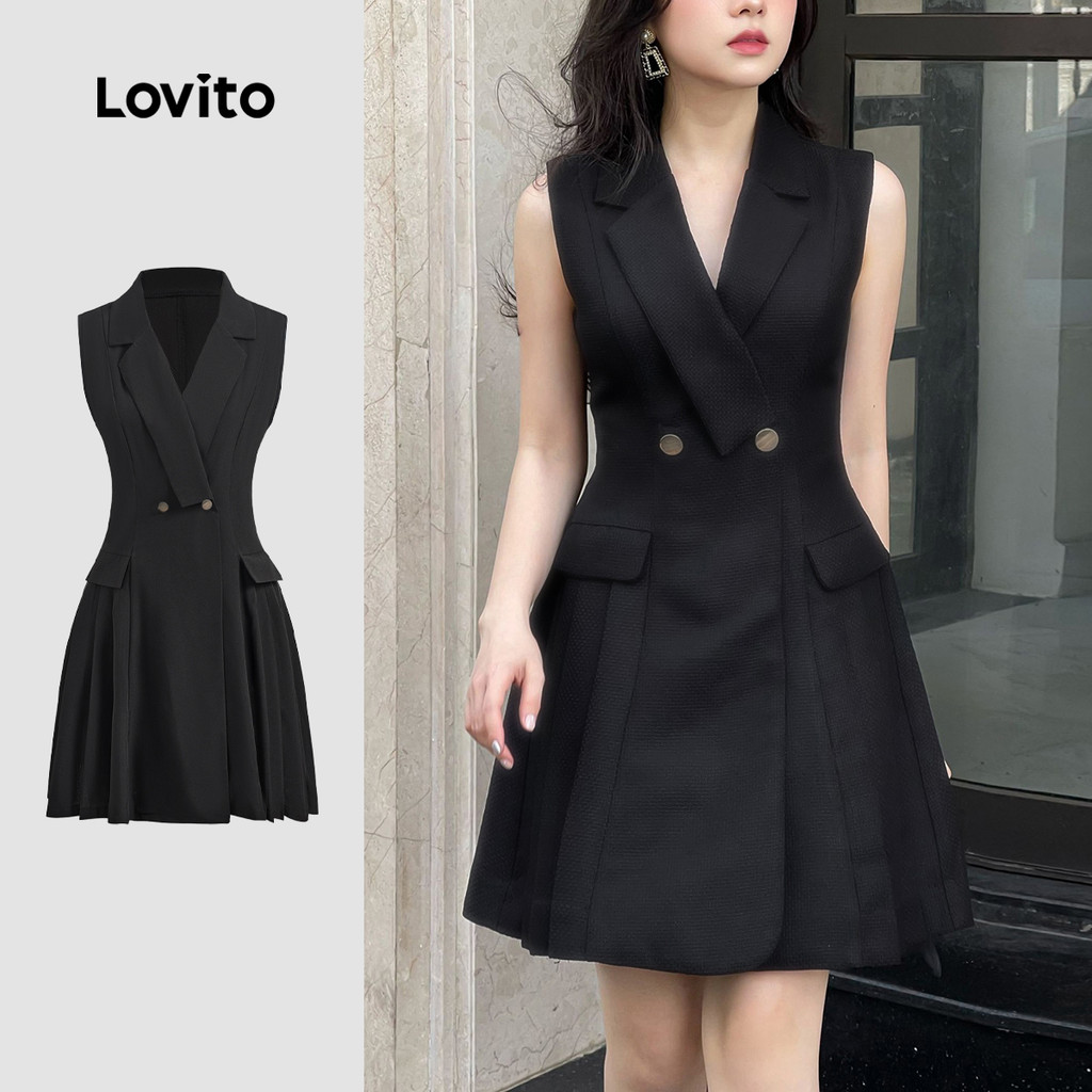 Lovito Vestido elegante e liso com estrutura de bolso falso e botão frontal para mulheres L129ED158 em Oferta na Shopee