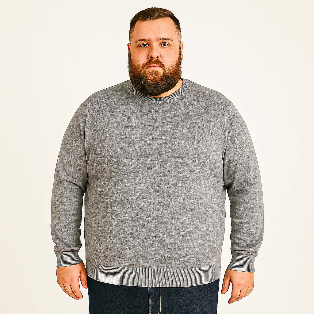 Sueter Plus Size tricot masculino casaco blusa de frio gola redonda manga longa blusa cinza mescla escuro