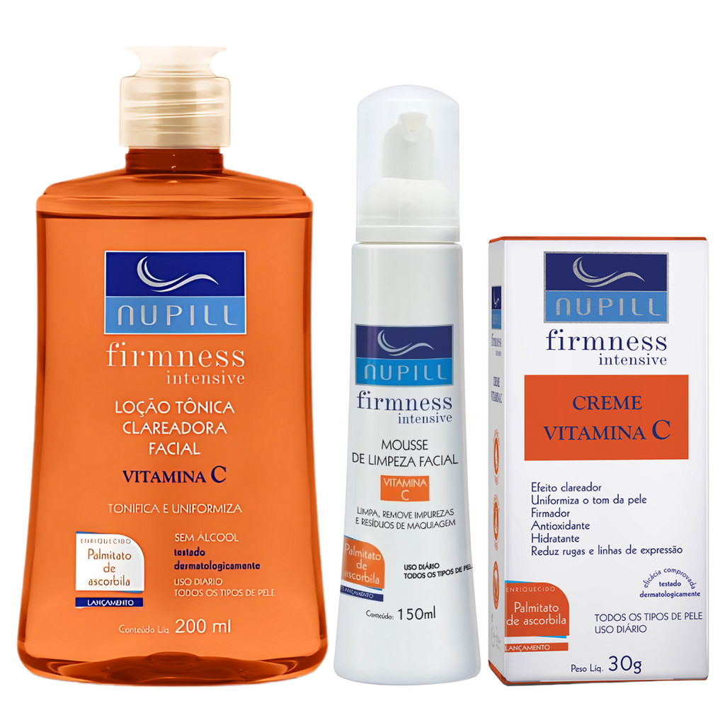 Kit Nupill Mousse Limpeza + Loção Tonica + Creme Vitamina C Hidratante Firmador Clareador Facial