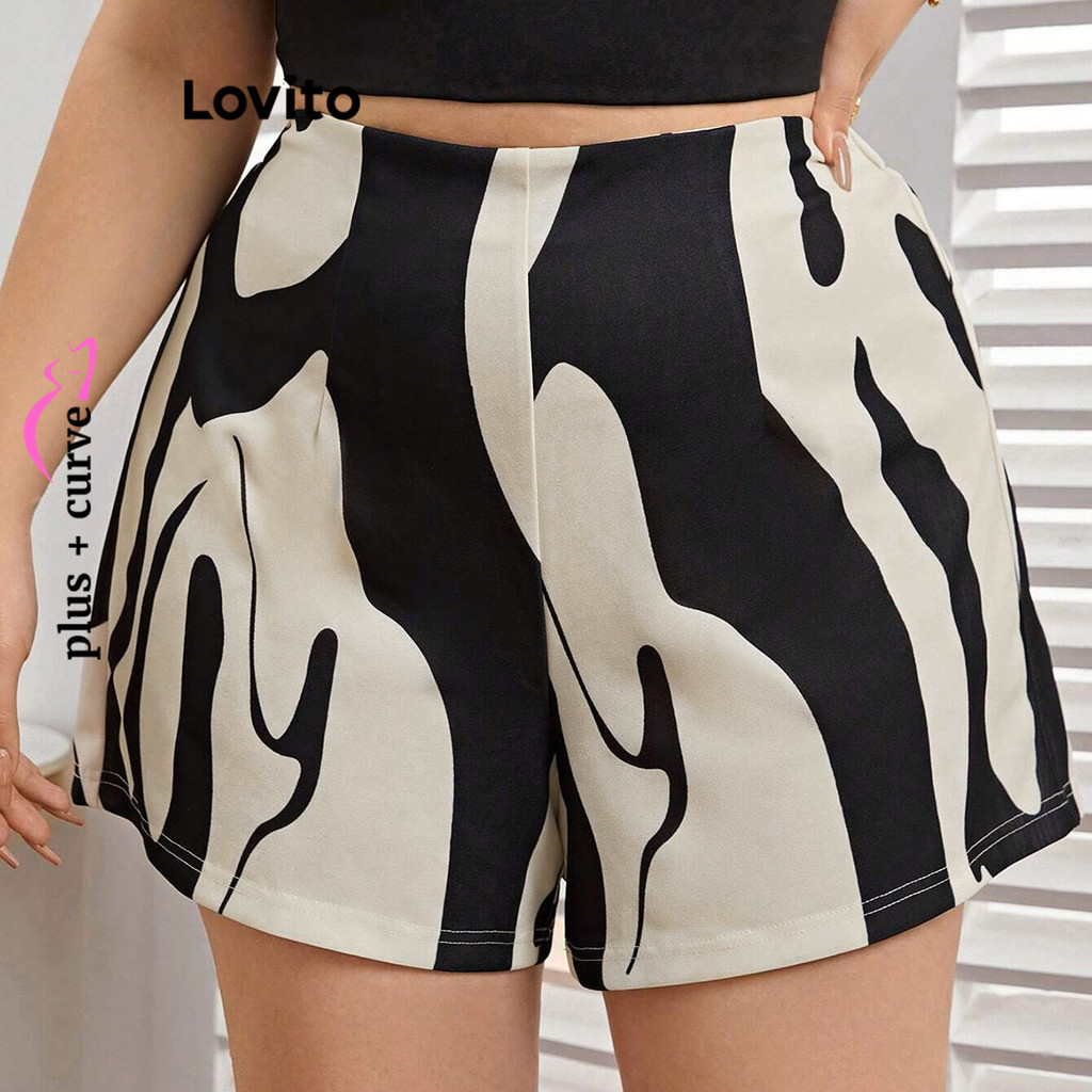 (Trendy) Lovito Shorts Curvos Plus Size Elegantes Com Zíper Geométrico E Padrão Para Mulheres LBL19843 - Women Clothes