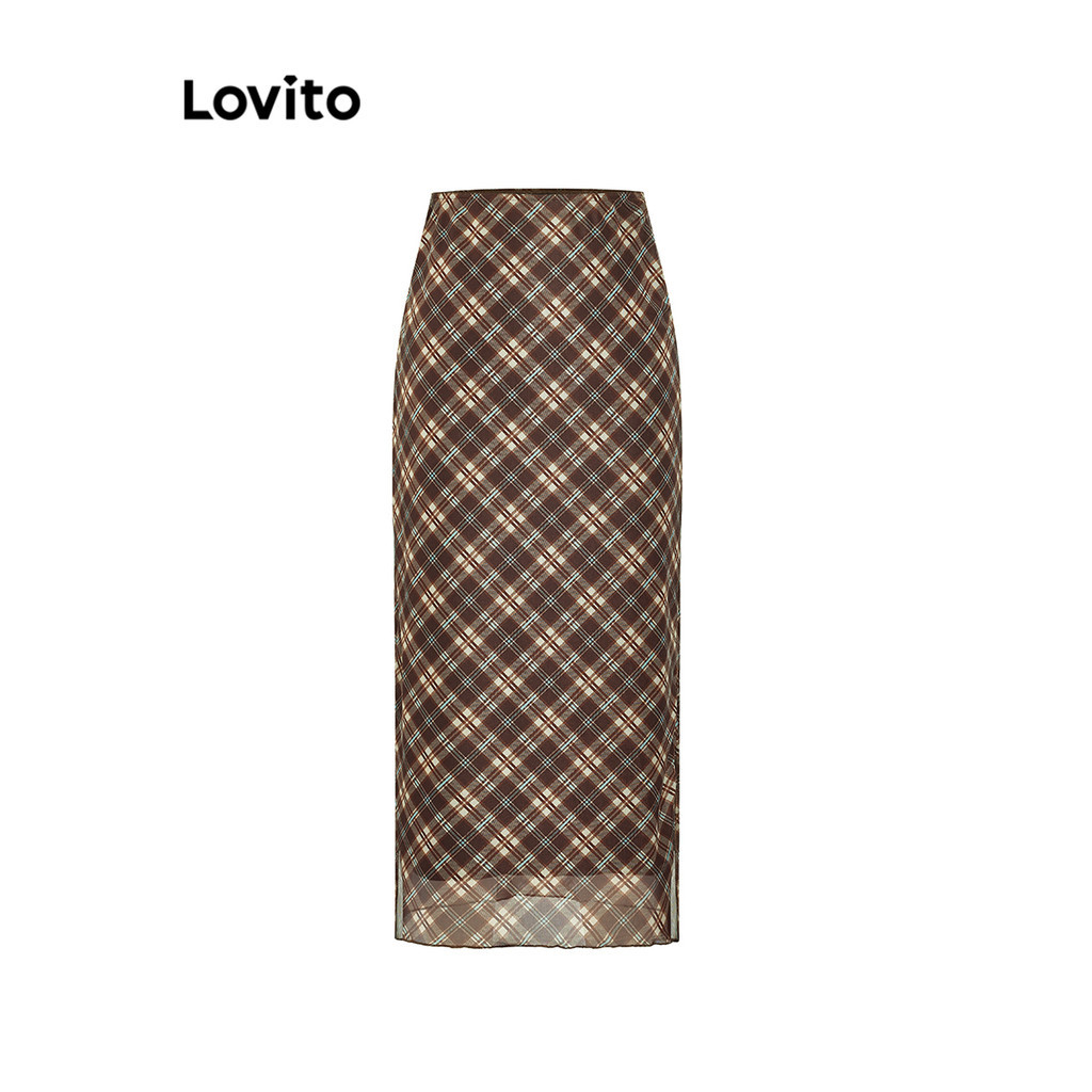(Trendy) Lovito Saias Formais Xadrez Saias Divididas De Camada Dupla Para Mulheres L58AD073 (Multicolorido) - Women Clothes