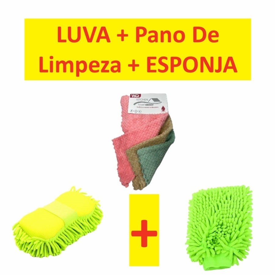 Conjunto Esponjas Com Pegadores Luvas E Pano De Limpeza Multiuso Microfibra Lavagem Automotiva Carro Caminhão Moto 30Cm
